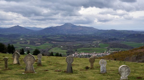 The discoid steles in the landscaped cemetery